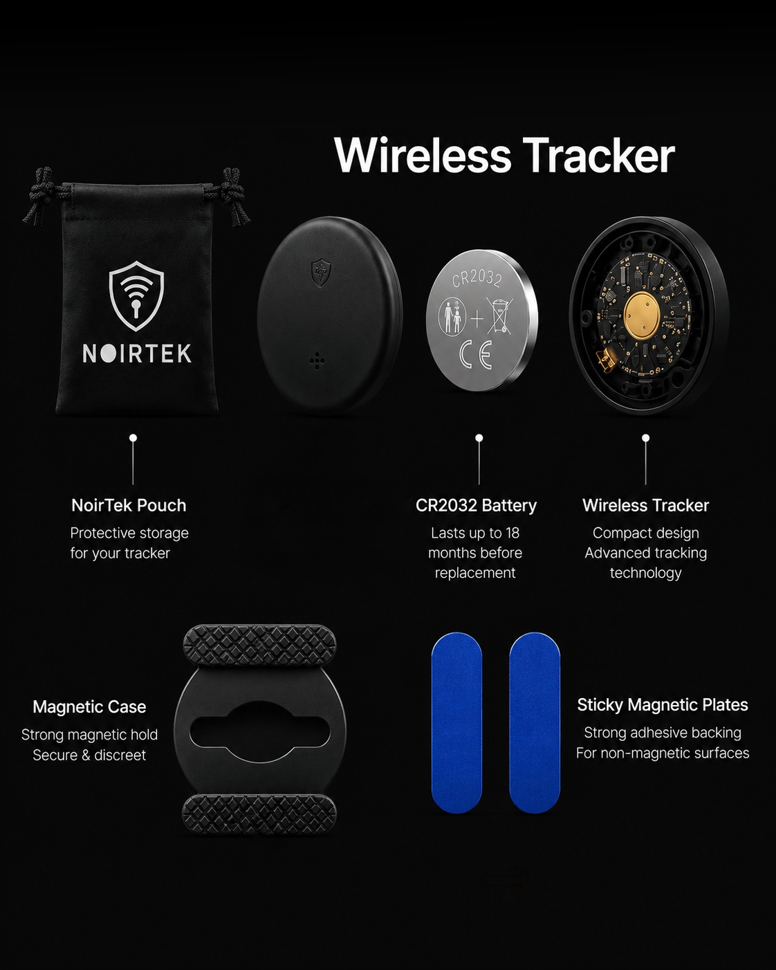 NoirTek wireless tracker infographic showing compact tracker, CR2032 battery with up to 18 month life, protective pouch, magnetic case, and sticky magnetic mounting plates