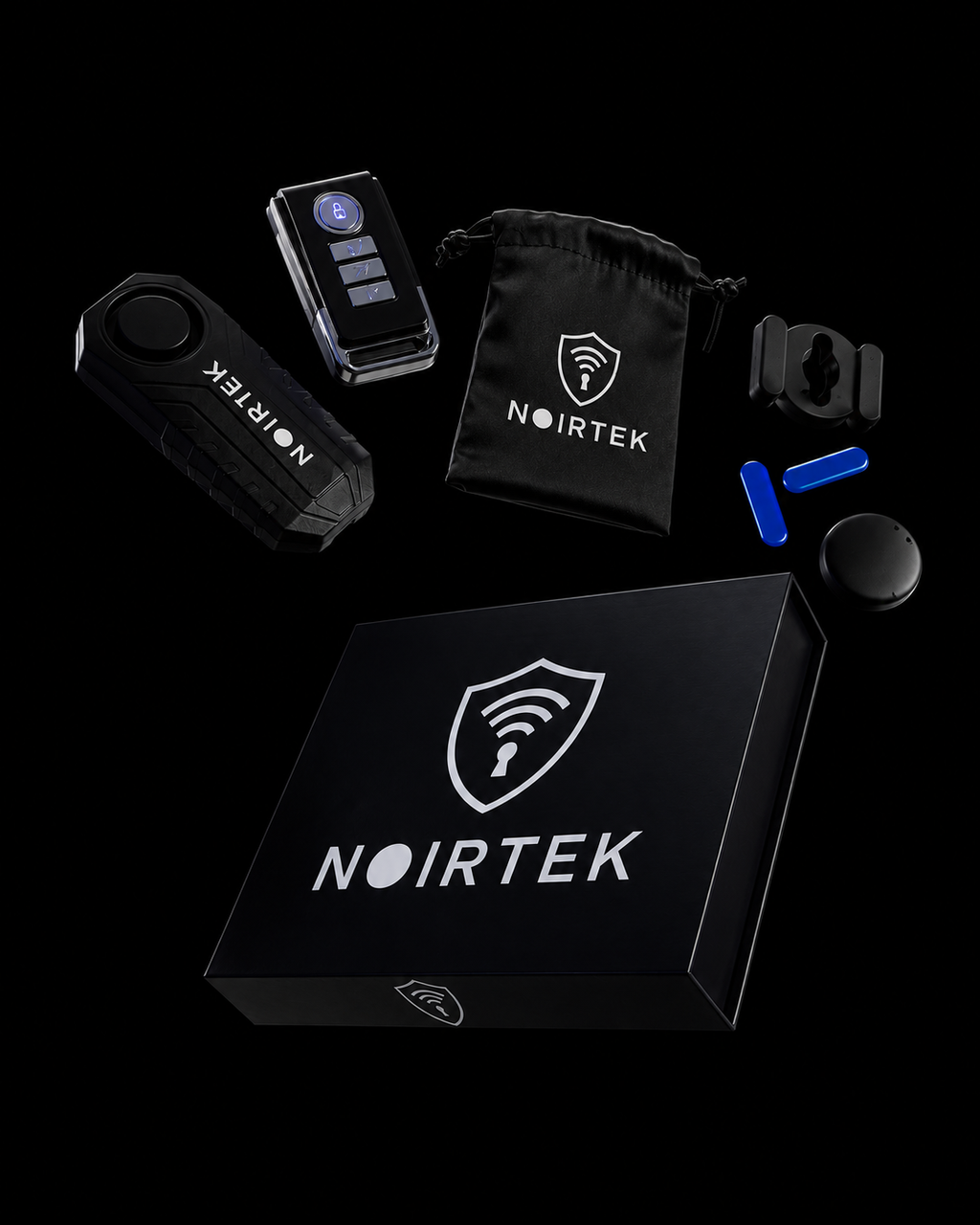 NoirTek bike theft prevention kit with 113 dB motion sensor alarm, key fob, universal Bluetooth tracker, mounting hardware, and black gift box